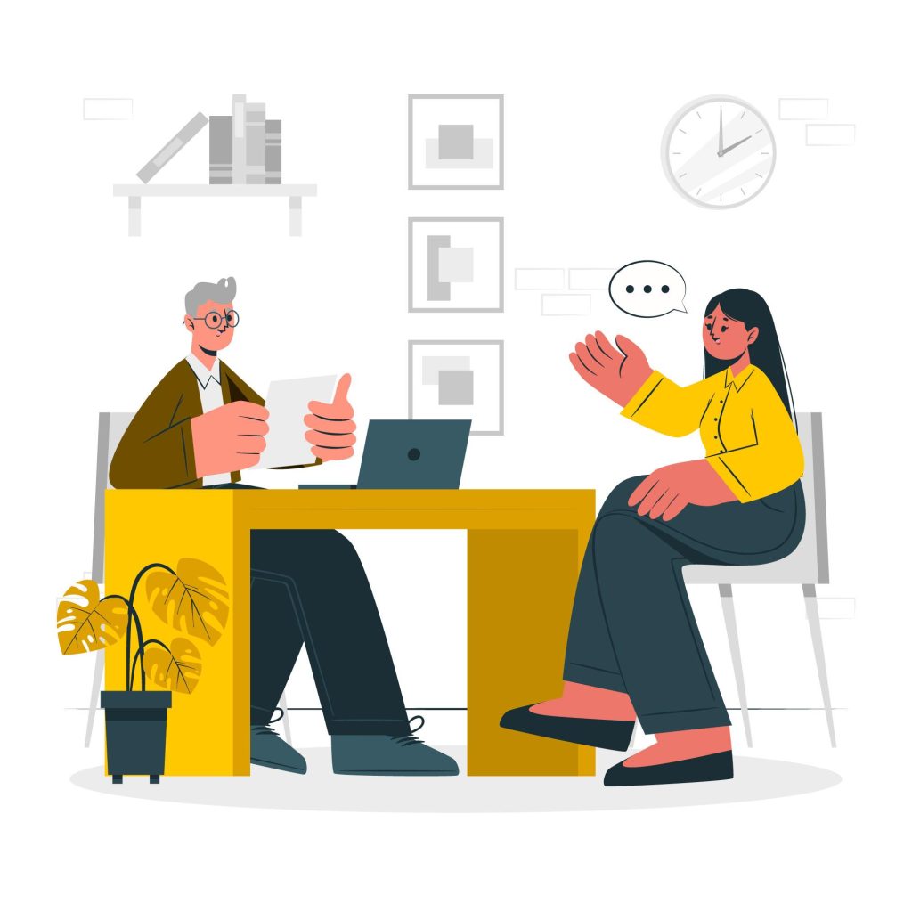 un monsieur accompagnateur avec une cliente au bureau